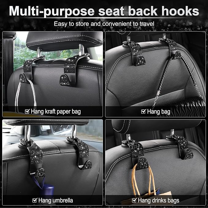 LivTee Car Seat Headrest Hook, Auto Seat Hook Hangers Storage Organizer Interior Accessories for Purse Coats Umbrellas Grocery Bags Handbag, 4-Pack(Bling Black) - Image 5