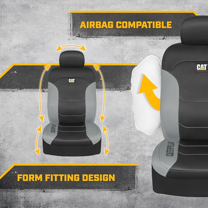 Caterpillar Flexfit Automotive Seat Covers for Cars Trucks and SUVs (Set of 2) – Black Seat Covers for Front Seats, Seat Protectors with Gray Honeycomb Trim, Auto Interior Covers - Image 4