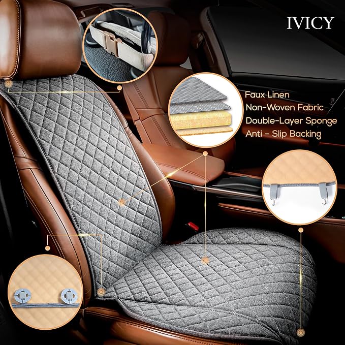 Faux Linen Front Car Seat Cover, Seat Protector, 1 Unit, Cool Gray | Non-Slip Bucket Sear Cover for Most Cars, SUVs, Vans & Trucks – Machine Washable, Side-Airbag Friendly - Image 2