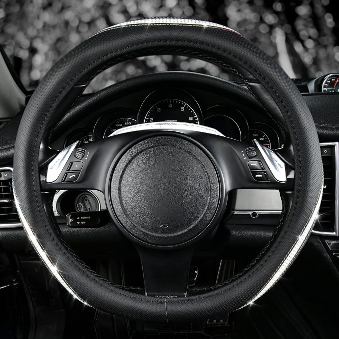 CAR PASS Bling Diamond Black Leather Steering Wheel Cover, Studded Crystal Rhinestones Universal Fit 14" 1/2-15" Glitter for Women Sparkle Girl Fit Suvs,Vans,Sedans,Car,Trucks, Multicolor Diamond - Image 9