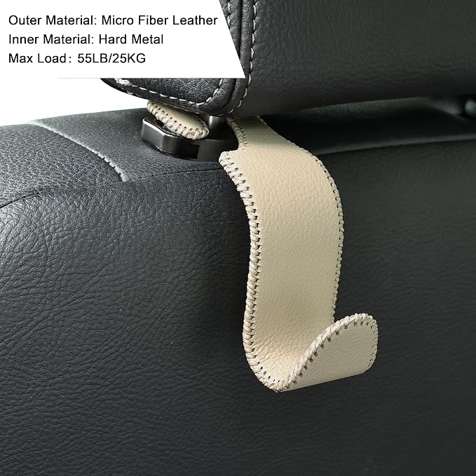 4-Pack Car Headrest Hooks Holds 55lbs Seat Storage Organizer for Bags | Fiber Leather, Durable Metal, Car Hanger for Backpack Umbrella Water Bottle Coat Purses Handbags Groceries, Beige - Image 5