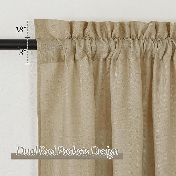 RYB HOME Linen Sheer Curtains 2 Panels for Living Room, Semi Transparent Privacy Drapes with Rod Pocket Farmhouse Style Window Treatments for Bedroom, Camel, 52" W x 102" L - Image 2