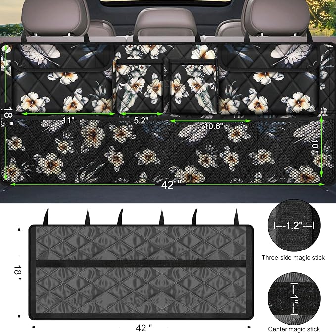 Femuar Car Trunk Organizer, Large Capacity Backseat Trunk Organizer (42"*18"), Collapsible Car Storage Bag with 8 Pockets - Hibiscus - Image 3