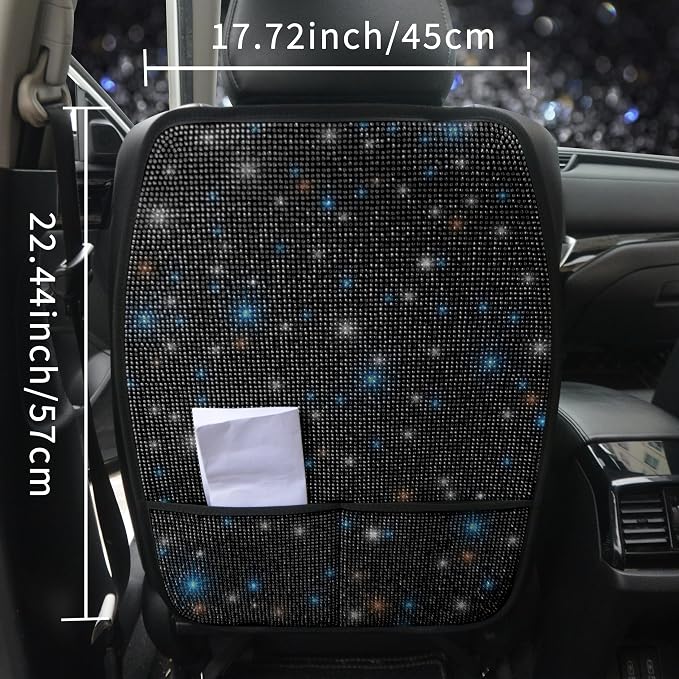 Diamond Bling Car Seat Kick Mats with Storage – Back Seat Protectors with Sparkly Rhinestones for Girls & Women, Crystal Kick Covers for Automotive Interior Accessories Black 2pcs - Image 3
