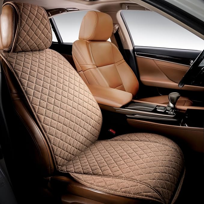Faux Linen Front Car Seat Cover, Seat Protector, 1 Unit, Light Brown | Non-Slip Bucket Sear Cover for Most Cars, SUVs, Vans & Trucks – Machine Washable, Side-Airbag Friendly by IVICY