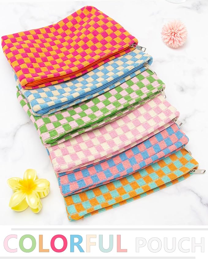 Checkered Makeup Bag for Purse, Small Flat Cosmetic Pouch,Orange Green | Cute Zipper Makeup Organizer for Women, Travel Essentials, Toiletries, Makeup Brushes, Beauty Accessories&Bridesmaid Gifts - Image 6