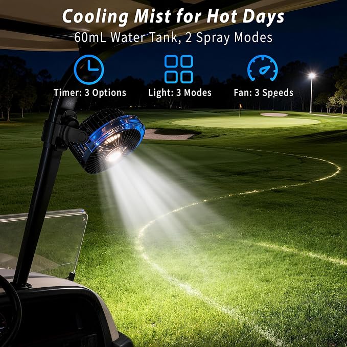 Magnetic Golf Cart Fan with Misting & Light | Portable, for golf cart, workshop, garage & BBQ, fits Club Car, Yamaha & EZGO, gift idea for dad who golfs - Image 7