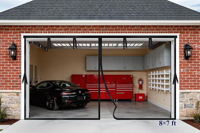 Kitsure Garage Door Screen, 1-Car Garage, 8 x 7 ft, Fiberglass | Porch Gazebo Patio, Hands-Free Magnetic Closure, Buckle Straps, Black by Kitsure