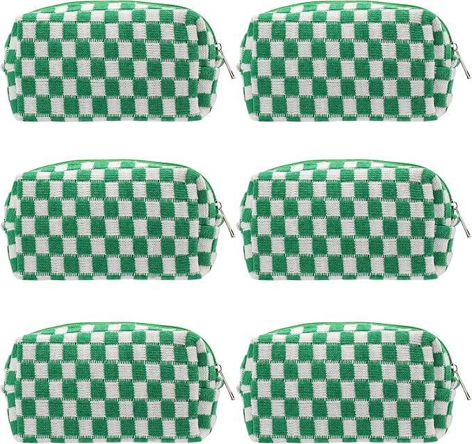 Checkered Makeup Bag for Purse, Small Travel Cosmetic Pouch,Green,6 Pack | Cute Zipper Makeup Organizer for Women, Travel Essentials, Toiletries, Makeup Brushes, Beauty Accessories&Bridesmaid Gifts by PAZIMIIK