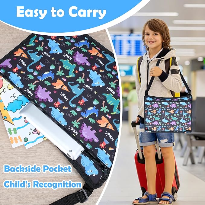 Kids Travel Tray for Carseat, Carseat Tray Dinosaur & Mermaid 2PCS | With 16.7" x 13.4" Smooth Dry Erase Board, Cup holders, Ddjustable Strap & Shoulder Carry Strap - Image 5