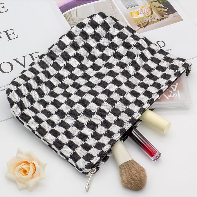 PAZIMIIK Checkered Makeup Bag for Purse, Small Flat Cosmetic Pouch,Black | Cute Zipper Makeup Organizer for Women, Travel Essentials, Toiletries, Makeup Brushes, Beauty Accessories&Bridesmaid Gifts - Image 3