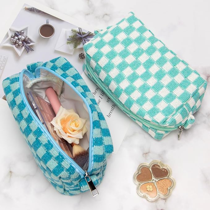 Checkered Makeup Bag for Purse, Small Travel Cosmetic Pouch,Arctic Blue | Cute Zipper Makeup Organizer for Women, Travel Essentials, Toiletries, Makeup Brushes, Beauty Accessories&Bridesmaid Gifts - Image 7
