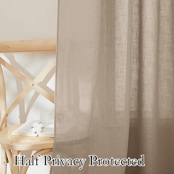 RYB HOME Linen Textured Semi Sheer Curtains 63 inches Long for Living Room | Half Privacy, Light Filtering, Faux Linen Blend, Office Nursery Dorm Bathroom, Khaki, W52 x L63, 2 Panels - Image 5