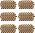 Checkered Makeup Bag for Purse, Small Travel Cosmetic Pouch,Coffee,6 Pack | Cute Zipper Makeup Organizer for Women, Travel Essentials, Toiletries, Makeup Brushes, Beauty Accessories&Bridesmaid Gifts by PAZIMIIK