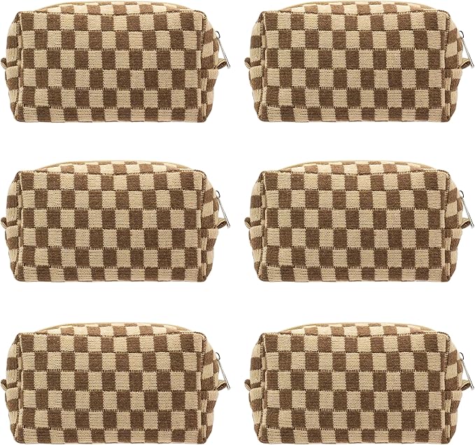 Checkered Makeup Bag for Purse, Small Travel Cosmetic Pouch,Coffee,6 Pack | Cute Zipper Makeup Organizer for Women, Travel Essentials, Toiletries, Makeup Brushes, Beauty Accessories&Bridesmaid Gifts by PAZIMIIK