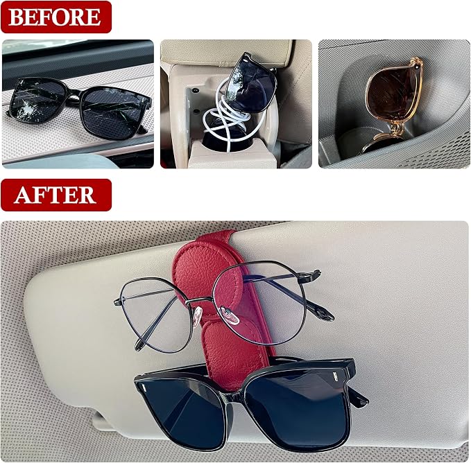 KIWEN 2 Pack Sunglasses Holder for Car Visor, Magnetic Leather Sunglass Eyeglass Hanger Clip for Car Sun Visor Accessories (2, Red) - Image 2