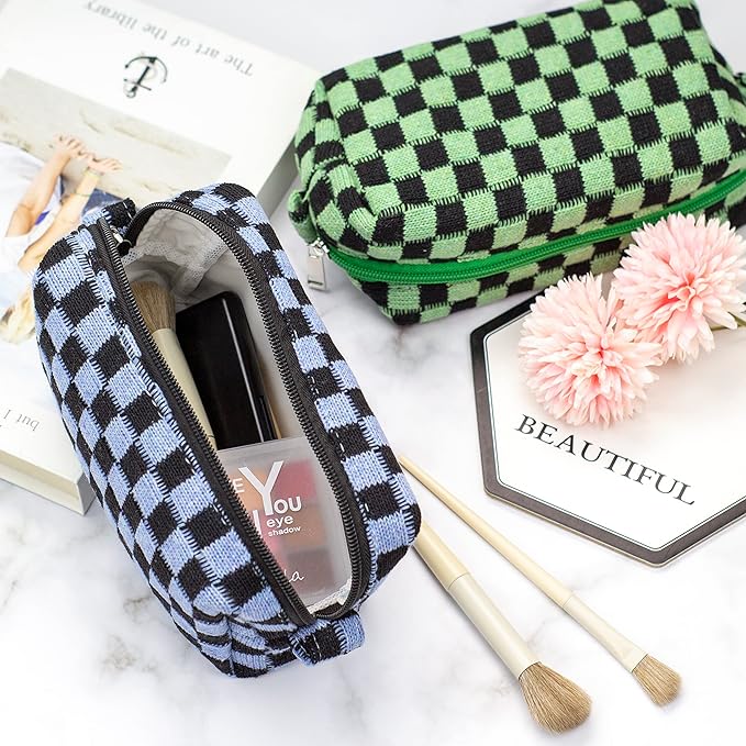 Checkered Makeup Bag for Purse, Small Travel Cosmetic Pouch,Blue Black | Cute Zipper Makeup Organizer for Women, Travel Essentials, Toiletries, Makeup Brushes, Beauty Accessories&Bridesmaid Gifts - Image 4