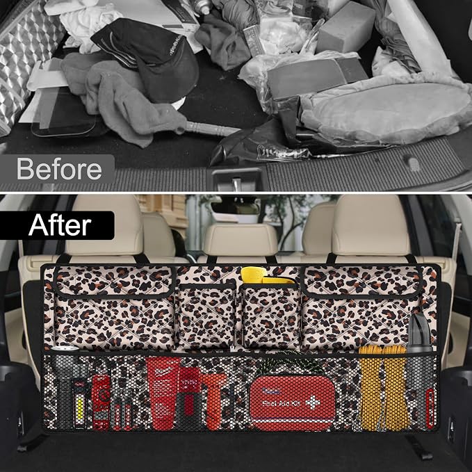 Femuar Car Trunk Organizer,Large Capacity Backseat Trunk Organizer(42"*18"),Collapsible Car Storage Bag with 8 Pocekt,Car Organizer for SUV/MPV/Truck - Leopard print - Image 5