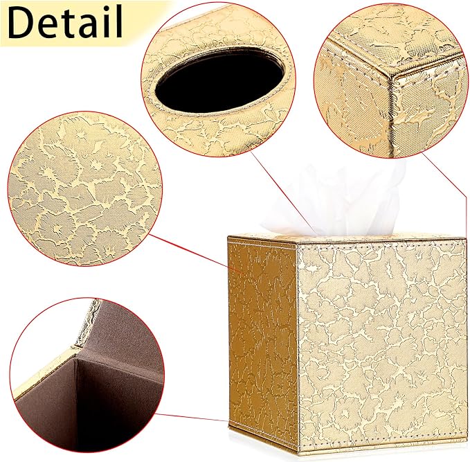 Sumnacon Square Leather Tissue Box Cover - Stylish Cube Tissue Box Holder with Magnetic Bottom, Decorative PU Tissue Box for Vanity Dresser Night Stand Table Countertop Home Office Car, Gold | Stylish Cube Tissue Box Decorative Tissue Covers for Vanity... - Image 4