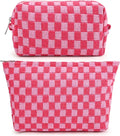 SOIDRAM 2 Pieces Makeup Bag Large Checkered Cosmetic Bag Capacity Canvas Mix Travel Toiletry Bag Organizer Cute Makeup Brushes Aesthetic Accessories Storage Bag for Women, Checkered Mix Rose Red by SOIDRAM