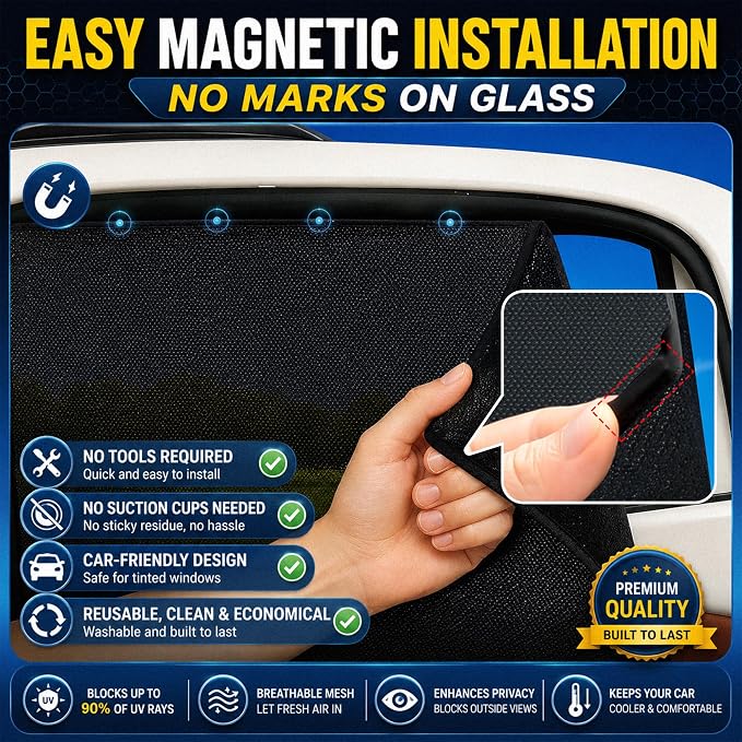 Magnetic Mesh Car Window Shades, UV Protection, 2 Pack | 90% UV Block | Breathable Mesh | Privacy with Visibility | Magnetic Installation - Image 5
