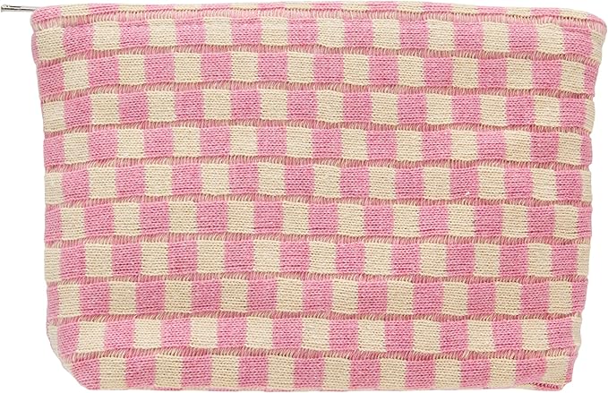 Checkered Makeup Bag for Purse, Small Flat Cosmetic Pouch,Pink Beige | Cute Zipper Makeup Organizer for Women, Travel Essentials, Toiletries, Makeup Brushes, Beauty Accessories&Bridesmaid Gifts by PAZIMIIK