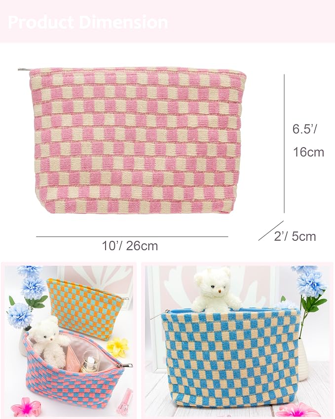 Checkered Makeup Bag for Purse, Small Flat Cosmetic Pouch,Pink Beige | Cute Zipper Makeup Organizer for Women, Travel Essentials, Toiletries, Makeup Brushes, Beauty Accessories&Bridesmaid Gifts - Image 3