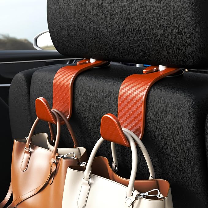 4-Pack Car Headrest Hooks Holds 55lbs Seat Storage Organizer for Bags | Durable ABS Material, 360° Rotating, Car Hanger for Backpack Umbrella Water Bottle Coat Handbags Groceries, Checkered Orange - Image 2