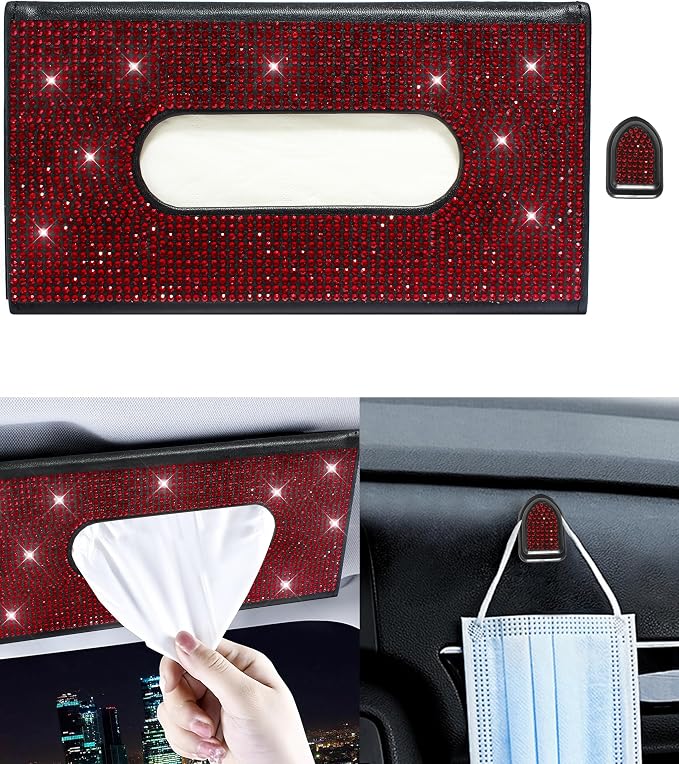 Bling Car Sun Visor Tissue Box Holder, PU Leather Car Napkin Holder, Red | Car Tissue Holder, PU Leather, with Crystal Rhinestones, Backseat Napkin Case, auto interior Accessories, for Women by Xuduvay