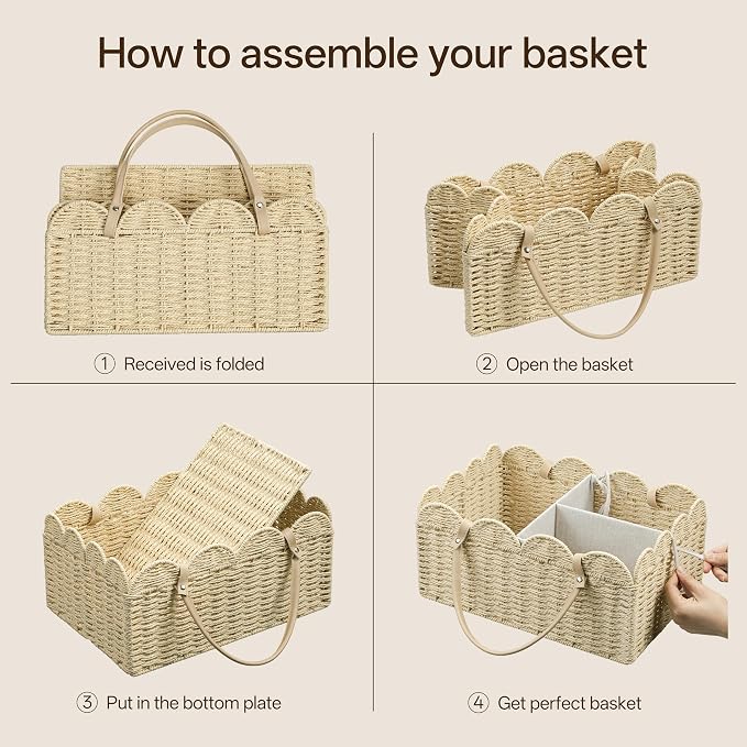 Angelhood Paper Rope Diaper Caddy, Scalloped Baskets with Removable Divider | Woven Floral Baby Diaper Organizer for Changing Table,Baby Shower Gifts,Portable Car Organizer for Diapers - Image 4