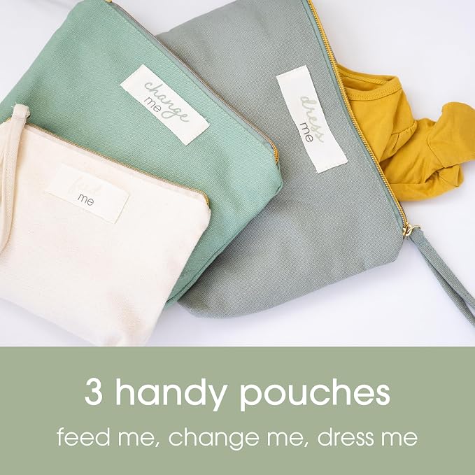 Pearhead Baby Diaper Bag Organizing Zipper Pouches, Set of 3 | Feed Me Change Me Dress Me, Recycled Cotton, Gender-Neutral New Mom Essentials, Zip Bags, Organized in Style - Image 2