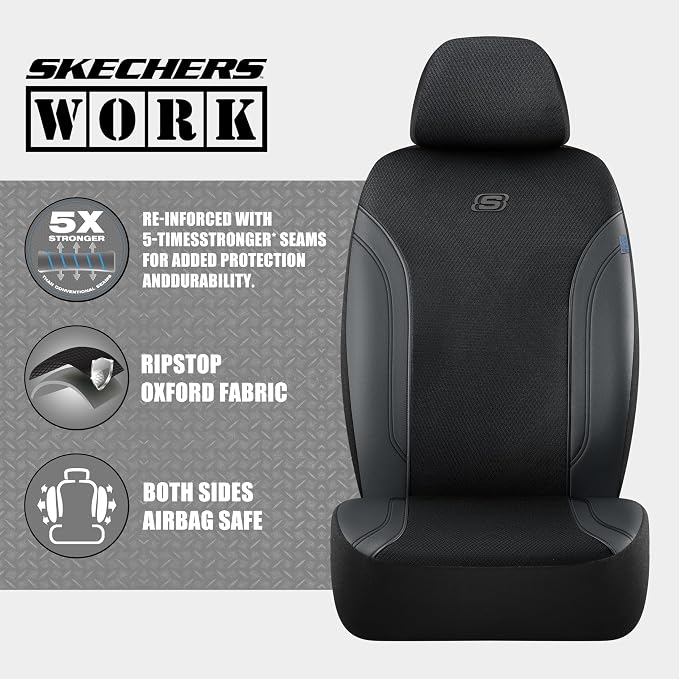 Skechers Car Seat Covers, Work Leather Seat Covers 5-Times Stronger Built-in Webbing, Oxford Fabric Seat Cover Full Sets, Airbag Compatible, Automotive Comfort for Cars, Trucks, SUVs,Black - Image 2