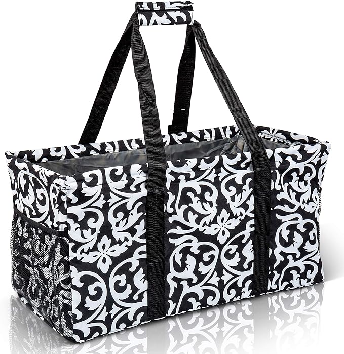 Extra Large Utility Tote Bag - Oversized Collapsible Reusable Wire Frame Rectangular Canvas Basket With Two Exterior Pockets For Beach, Pool, Laundry, Car Trunk, Storage - Damask Black by Lucazzi