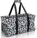 Extra Large Utility Tote Bag - Oversized Collapsible Reusable Wire Frame Rectangular Canvas Basket With Two Exterior Pockets For Beach, Pool, Laundry, Car Trunk, Storage - Damask Black by Lucazzi
