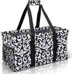 Extra Large Utility Tote Bag - Oversized Collapsible Reusable Wire Frame Rectangular Canvas Basket With Two Exterior Pockets For Beach, Pool, Laundry, Car Trunk, Storage - Damask Black by Lucazzi