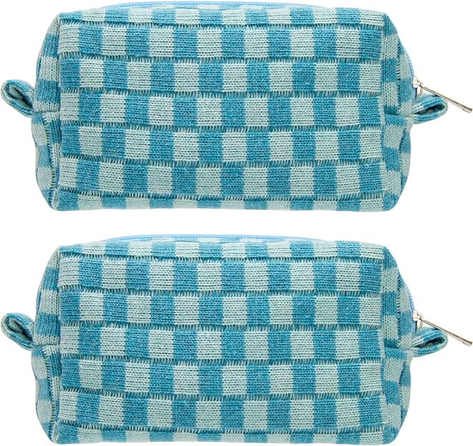 Checkered Makeup Bag for Purse, Small Cosmetic Pouch,Lake Blue,2 Pack | Cute Zipper Makeup Organizer for Women, Travel Essentials, Toiletries, Makeup Brushes, Beauty Accessories&Bridesmaid Gifts by PAZIMIIK