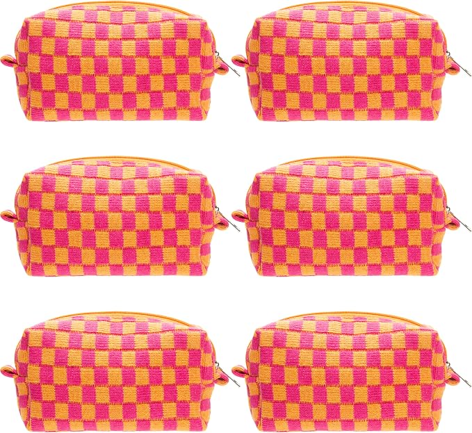 Checkered Makeup Bag for Purse, Small Cosmetic Pouch,Red Orange,6 Pack | Cute Zipper Makeup Organizer for Women, Travel Essentials, Toiletries, Makeup Brushes, Beauty Accessories&Bridesmaid Gifts by PAZIMIIK