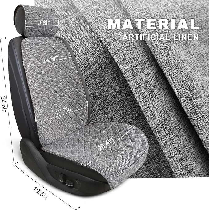 BOPUOVRE Linen Front Car Seat Covers Breathable Fabric | Car Seat Protector Universal Fit Cars Vans SUVs Trucks 2 Units Gray - Image 4