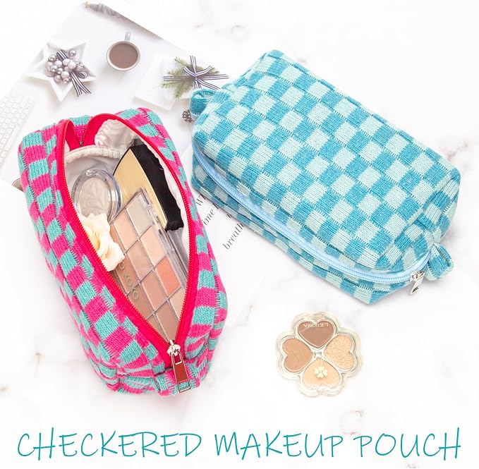 Checkered Makeup Bag for Purse, Small Travel Cosmetic Pouch,Magenta Green | Cute Zipper Makeup Organizer for Women, Travel Essentials, Toiletries, Makeup Brushes, Beauty Accessories&Bridesmaid Gifts - Image 2
