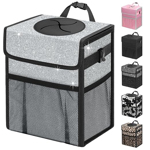 Capolo Car Trash Can with Lid, Leakproof Car Garbage Can Car Trash Bag | Trash Can for Car, 3 Mesh Pockets, Mini Hanging Vehicle Car Trash Bin, for Back/Front Seat (Silver Glitter,2.5 Gal) by Capolo