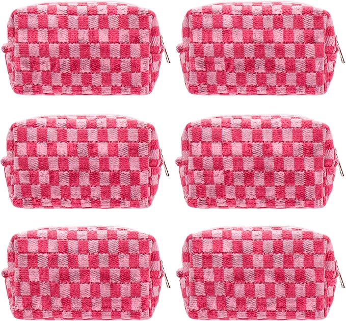 Checkered Makeup Bag for Purse, Small Travel Cosmetic Pouch,Hotpink,6 Pack | Cute Zipper Makeup Organizer for Women, Travel Essentials, Toiletries, Makeup Brushes, Beauty Accessories&Bridesmaid Gifts by PAZIMIIK