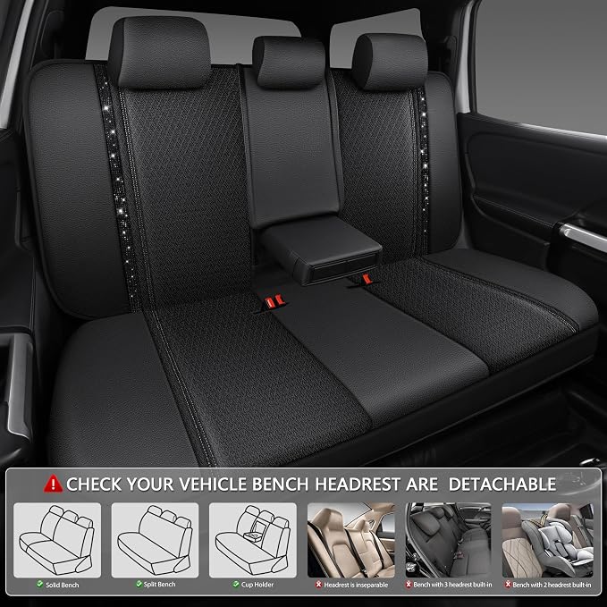 CAR PASS Memory Foam 3D Mesh Bling Diamond Car Seat Cover Full Set Breathable Soft Sponge Universal Shining Glitter Sparkly Crystal Armrest Fit Automotive Truck SUV Cute Women Girl, Black Rhinestone - Image 4