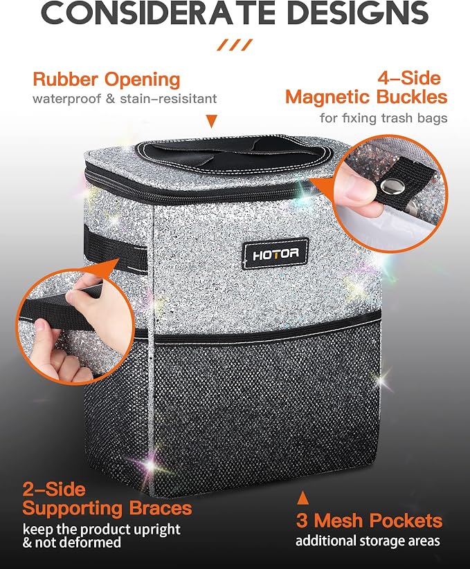 HOTOR Car Trash Can, Compact Waterproof Organizer, Leak-Proof Bin, 2-Gallon | Sparkle White, Multifunctional Car Accessory with Adjustable Straps & Magnetic Snaps for Interior Car Storage - Image 4