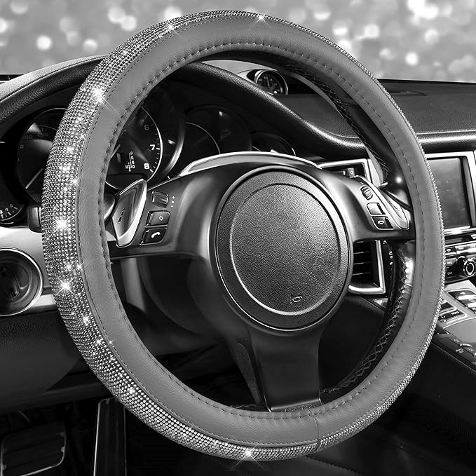 CAR PASS Bling Diamond Leather Steering Wheel Cover, with Bling Sparkly Crystal Glitter Rhinestones Universal Fit 14" 1/2-15" Car Wheel Protector for Women Girl Fit Suvs,Vans,Sedans,Cars,Trucks, Gray by CARPASS
