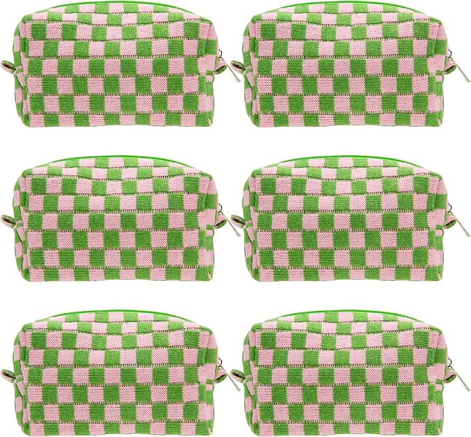 Checkered Makeup Bag for Purse, Small Cosmetic Pouch,Pink Green,6 Pack | Cute Zipper Makeup Organizer for Women, Travel Essentials, Toiletries, Makeup Brushes, Beauty Accessories&Bridesmaid Gifts by PAZIMIIK