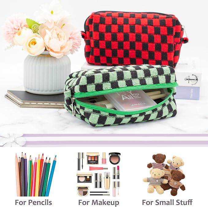 PAZIMIIK Checkered Makeup Bag for Purse Portable Zipper Make Up Pouch Small Cosmetic Case for Travel Accessories (Green Black) | Cute Zipper Makeup Organizer for Women, Travel Essentials, Toiletries, Makeup Brushes, Beauty Accessories&Bridesmaid Gifts - Image 2