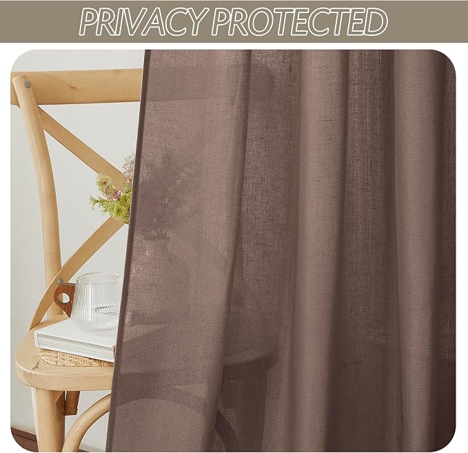 RYB HOME Linen Sheer Curtains 2 Panels for Living Room, Semi Transparent Privacy Drapes with Rod Pocket Farmhouse Style Window Treatments for Bedroom, Brown, 52" W x 90" L - Image 7