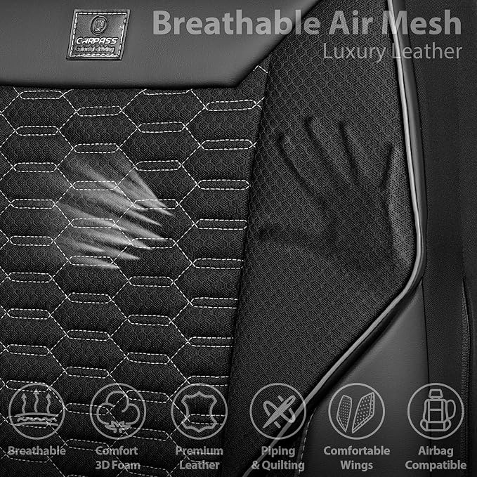 CAR PASS 3D Foam Mesh Leather Car Seat Covers Front Seats, Air Cool Mesh Front Seat Covers for Car, Universal Fit for SUV Truck Sedan Automotive, Armrest Airbag Compatible, Black and Gray - Image 4