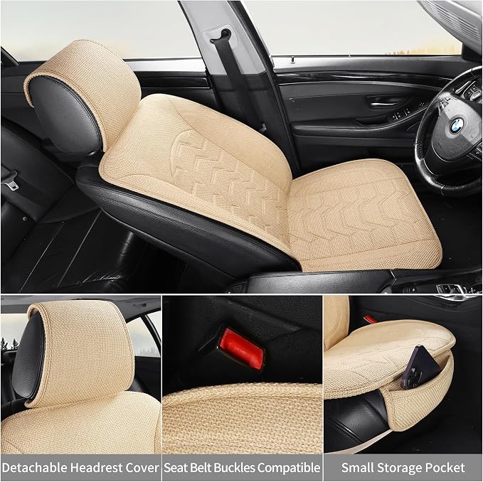 Linen Front Car Seat Covers Cloth Fabric Automotive Seat Protectors | Breathable Durable Anti-Slip All-Season Comfort Easy to Install Universal Fit for 95% of Cars Trucks SUVs Vans (Beige, 2PCS) - Image 8