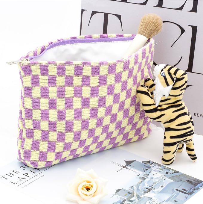 PAZIMIIK Checkered Makeup Bag for Purse, Small Flat Cosmetic Pouch,Purple | Cute Zipper Makeup Organizer for Women, Travel Essentials, Toiletries, Makeup Brushes, Beauty Accessories&Bridesmaid Gifts - Image 2